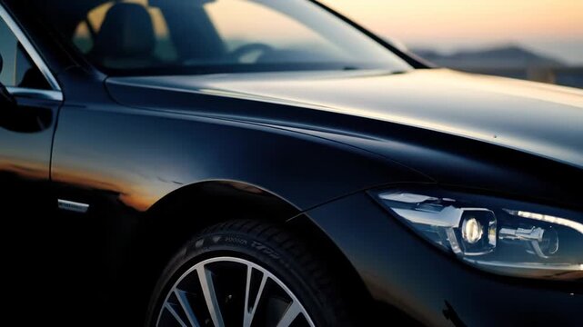 Close up of black car door and mirror at sunset, luxury detail