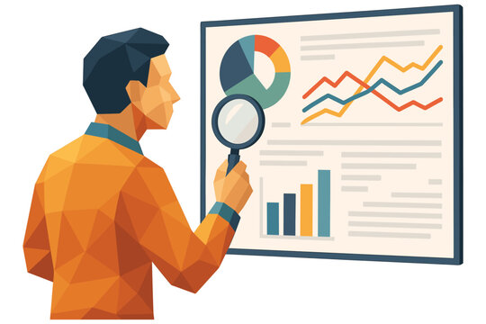 Business analytics: low poly design of man analyzing data with magnifying glass