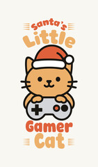 Cute Santa Cat Gamer Holding Game Controller, Christmas Kawaii Illustration