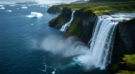 Majestic coastal waterfall plunges into the icy sea, framed by rugged green cliffs and distant floating icebergs under a dramatic sky, showcasing the raw power of untamed nature