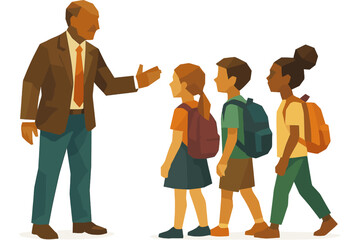 Geometric style teacher guiding students back to school