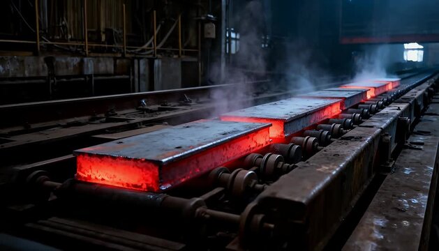Heated metal ingots moving on a conveyor belt through a factory with steam emission, industrial process, hot.