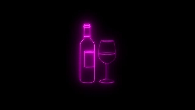 Glowing neon a Wine Glass icon and bottle of wine, neon glow animated  on black background 4k  animation video 