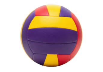 High-resolution volleyball ball image for sports designs and educational projects, purple, yellow, red, isolated on transparent background