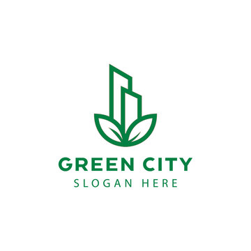 green and healthy modern city with leaf logo design for business, property, building, eco city, future city, architect, environmentally friendly