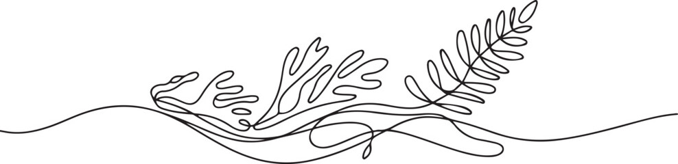 abstract marine, river algae, fern. continuous one line art hand drawing sketch, logo. one line Icon drawing