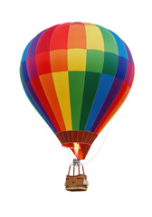 Fototapeta premium photorealistic hot air balloon with vibrant rainbow stripes and woven wicker basket, floating gently against a seamless transparent studio background. concept of freedom and adventure travel