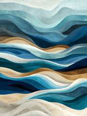 Abstract layered ocean waves in blue and sand tones with textured brush details. Modern coastal artwork ideal for wall art, decor, posters and contemporary design projects
