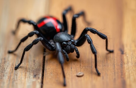 Macro shot of black widow spider on wood. Dangerous venomous arachnid with red hourglass marking on abdomen. Fear inducing creepy crawly insect pest detail. Scary wildlife creature closeup view.