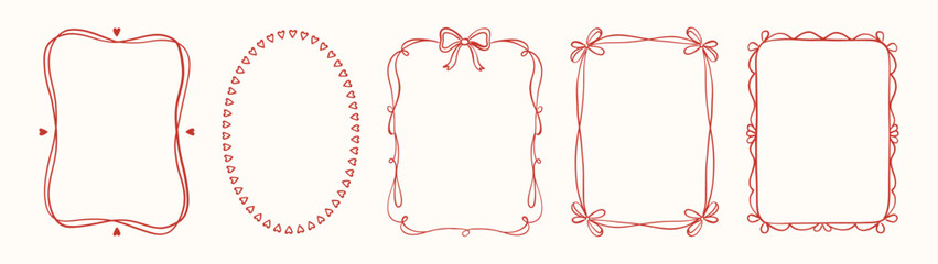 Set of hand drawn valentine’s day frames with hearts, bows and whimsical lines. Romantic red doodle borders in cute coquette style. Vector line art frames for cards, posters, wedding invitations 