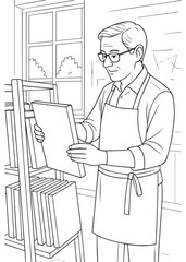 coloring book Father painter reviewing blank canvas before starting to paint