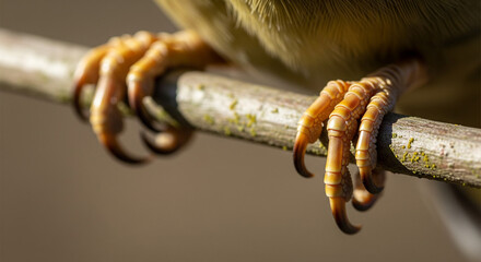 Detailed view of the thick, orange, scaled legs and sharp, black raptorial talons of a hawk or falcon gripping a smooth, thick wooden log