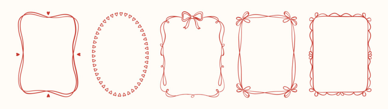 Set of hand drawn valentine&rsquo;s day frames with hearts, bows and whimsical lines. Romantic red doodle borders in cute coquette style. Vector line art frames for cards, posters, wedding invitations 
