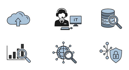 Essential modern technology icons covering cloud upload data analysis IT support global network and digital security concepts
