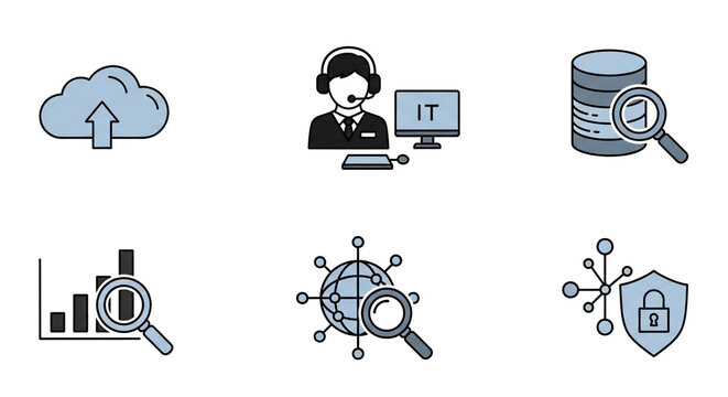 Essential modern technology icons covering cloud upload data analysis IT support global network and digital security concepts - Powered by Adobe