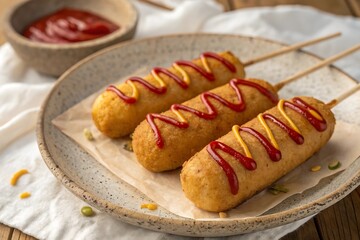 Three delicious corn dogs drizzled with ketchup and mustard on a plate