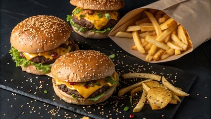Delicious cheeseburgers and french fries served on a black slate board