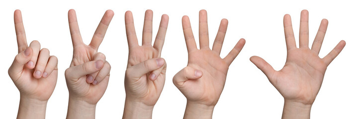 Set of hand showing numbers one, two, three, four, five with raised fingers, isolated on a white background. Perfect for education, counting, communication, and instructional materials.