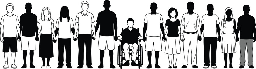 Inclusive community silhouette showing diversity, people of all types holding hands in unity, wheelchair representation, equality theme, flat vector