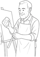 coloring book Father painter painting with sponge on canvas indoors
