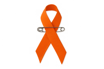 Orange awareness ribbon with safety pin on transparency, supporting health causes and public campaigns