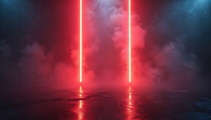 Obraz premium Two red neon beams rise from wet, dark floor. Smoke swirls around lights creating atmospheric, moody scene. Wet ground reflects red and blue lights. Dramatic illumination in mysterious setting.