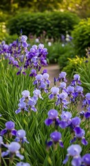 Obraz premium Purple Iris Garden Path - A Serene Floral Landscape.