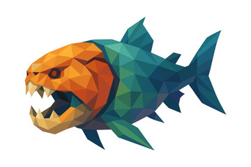 Colorful low poly piranha design with sharp teeth and geometric shapes