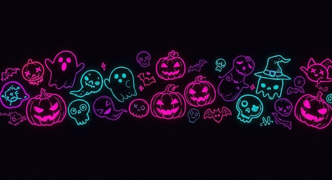 Vibrant Neon Halloween Border with Spooky Ghosts and Pumpkins Pattern - Powered by Adobe