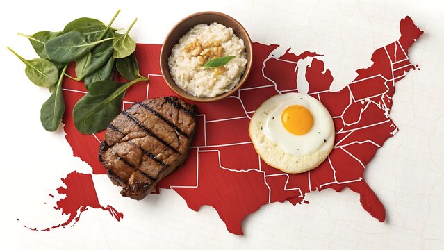 American cuisine on a map of the united states isolated on white background