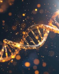 A glowing DNA double helix strand with sparkling particles set against a dark background, illustrating genetic science.