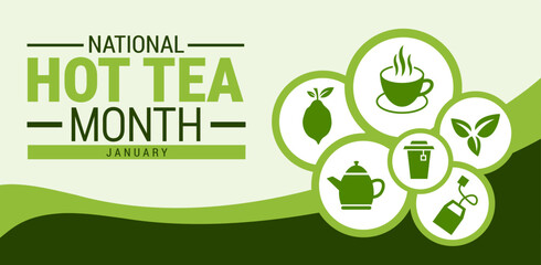 National hot tea month background, banner, card or poster design template is observed every year during January, to raise awareness about the mission. Vector illustration.
