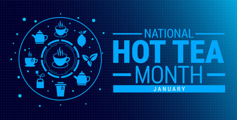 Obraz premium National hot tea month blue color technology concepts background, banner, card or poster design template is observed every year during January, to raise awareness about the mission. Vector