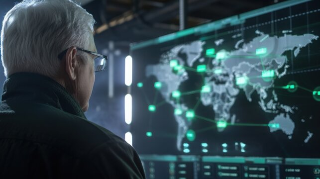 An older man examines a digital world map interface displaying network connections and data points in a high-tech environment. - Powered by Adobe