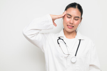 Fototapeta premium Woman Doctor with Stethoscope in White Uniform Hand on Forehead Headache Stress Gesture