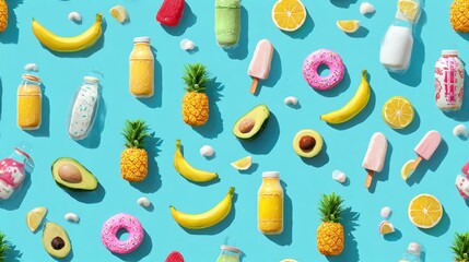 Vibrant, tropical, and refreshing flat lay of assorted food items on blue.