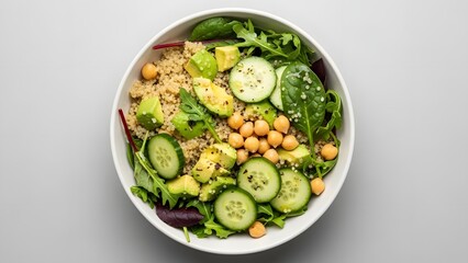 Vibrant overhead view of a healthy and delicious vegetarian salad bowl with fresh ingredients
