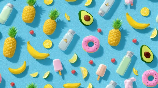 Vibrant summer treat pattern: pineapples, fruits, donuts, and popsicle sticks. - Powered by Adobe