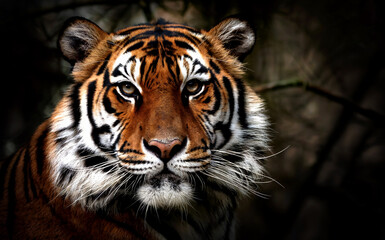 Obraz premium Close-Up Portrait of Majestic Tiger Face Looking Directly at Camera