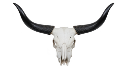 White bull skull with long black horns isolated on transparent background