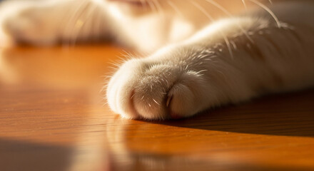 Extreme close-up of a fluffy white cat's paw, showcasing the pink pads (toe beans) and the texture of the white fur
