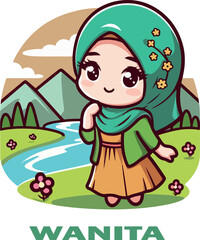 wanita cartoon clipart and landscape logo vector white background .
