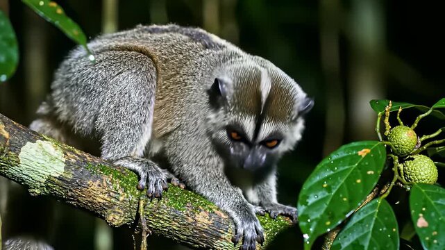 Sunda loris perches on tree branch in lush forest, showcasing adaptability and resilience amidst tropical tranquility, perfect for wildlife documentaries, nature shows, or educational programs.