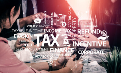 Professionals strategize tax management in an office, exploring various financial concepts such as refunds, evasion, and corporate incentives for effective planning. Tessel