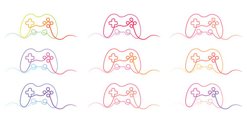 Abstract video game controller design with vibrant gradient colors and flowing lines showcasing a modern and playful approach to gaming culture artfully crafted against a clean white background