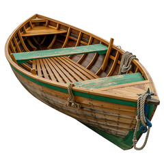 Rustic wooden rowboat with green and orange accents isolated on transparent background