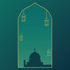 Elegant Islamic Arch Frame with Mosque Silhouette and Hanging Lanterns on Green Gradient Background for Ramadan and Eid