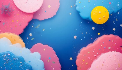 Bright abstract shapes in pink, blue, yellow with subtle Christmas elements like stars and leaves, modern playful vertical composition.