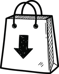 Hand-drawn simple shopping bag with an arrow down icon, doodle solid black on white, indicating purchase completed