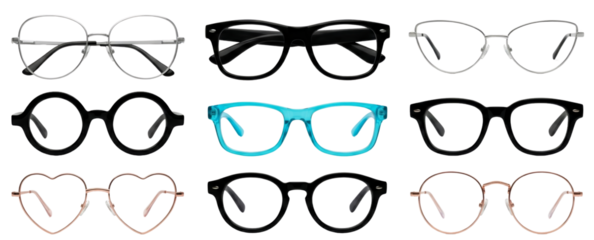 Stylish Eyewear Selection on Transparent Display, Nine Unique Spectacles for Vision Correction